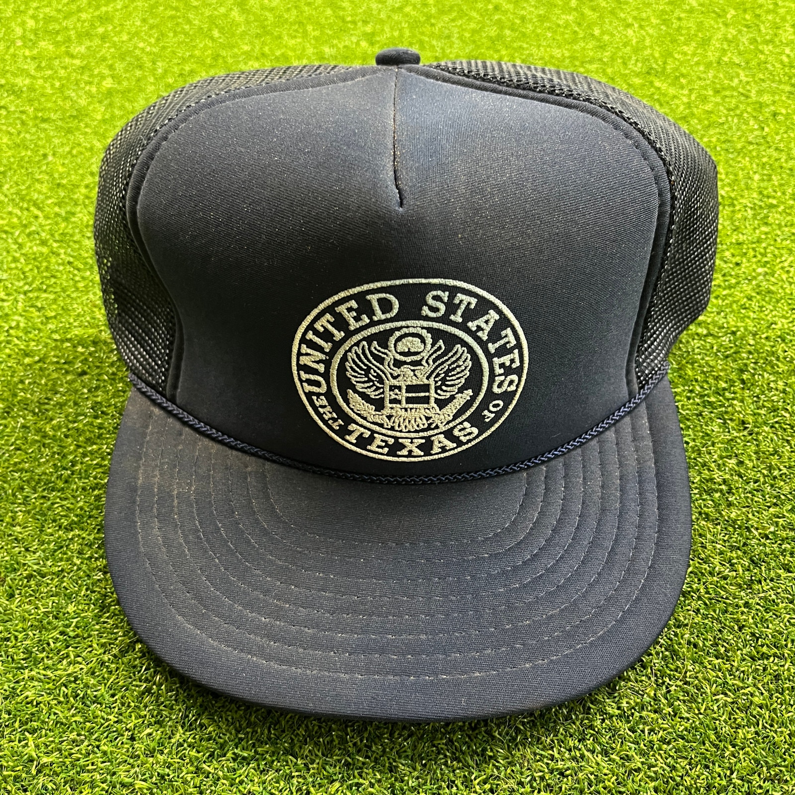 Vintage Nissin United States Texas Seal Navy Mesh Trucker Snapback Hat Usa